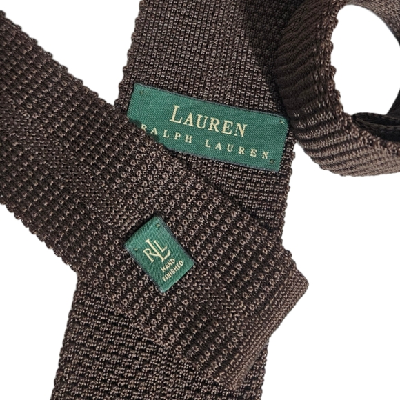 LAUREN RALPH LAUREN Solid Brown Logo Knit Silk LUXURY Slim Tie ITALY - Picture 4 of 5